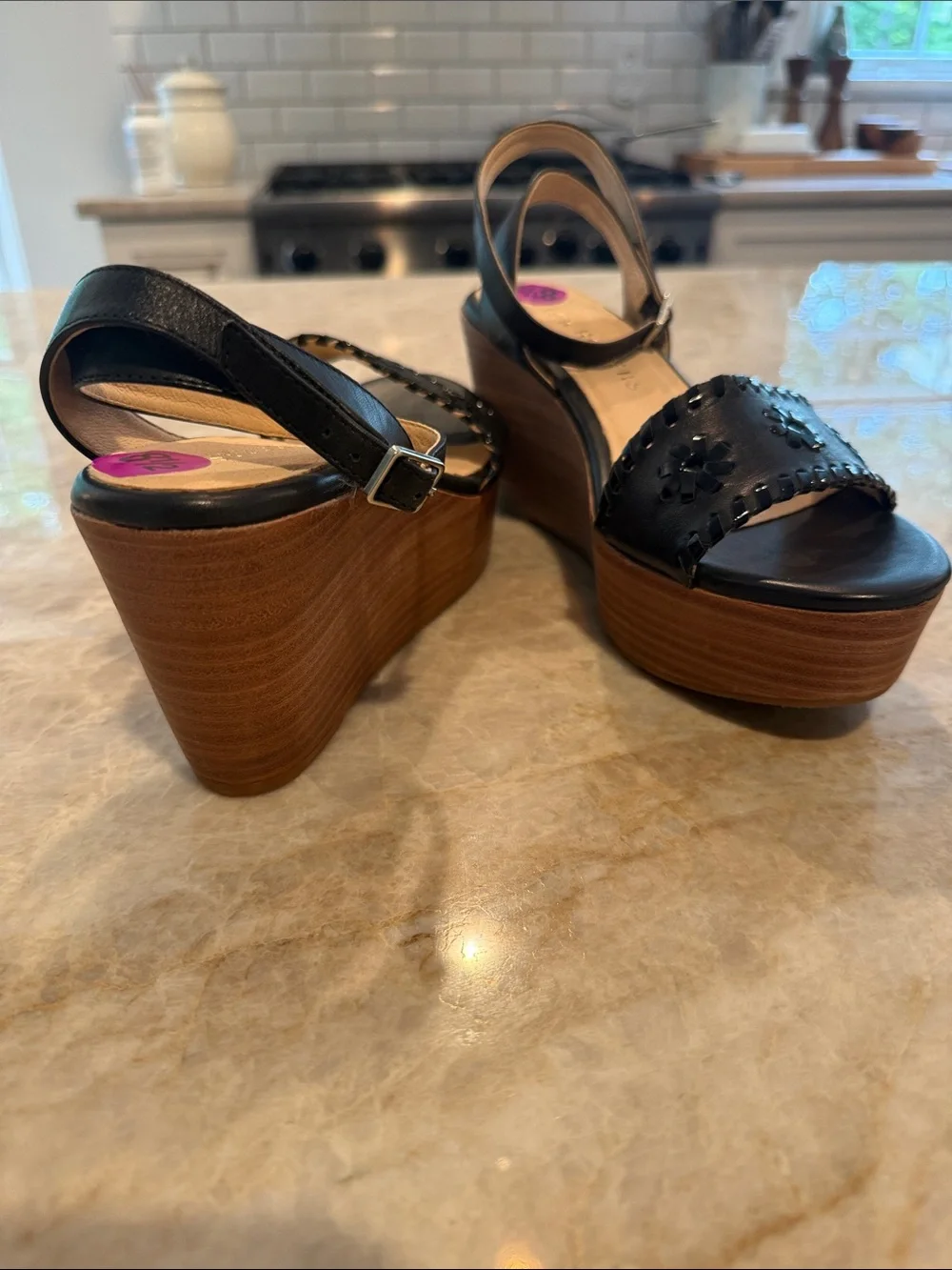 Jack Rogers Black Leather Wedge Sandals Size 81/2 Brand New Excellent Condition
